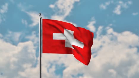 Die-Schweizer-Fahne-Weht-Im-Realistischen-4k-video-Des-Blauen-Himmels