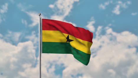 Ghana-flagge,-Die-Im-Realistischen-4k-video-Des-Blauen-Himmels-Weht