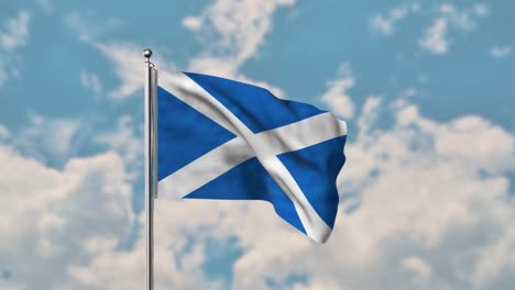 Bandera-De-Escocia-Ondeando-En-El-Cielo-Azul-Video-Realista-4k