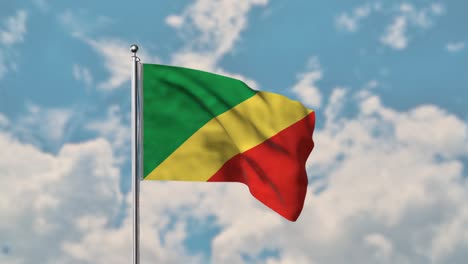 Bandera-De-La-República-Del-Congo-Ondeando-En-El-Cielo-Azul-Video-Realista-4k