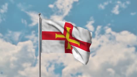 Guernsey-flagge,-Die-Im-Realistischen-4k-video-Des-Blauen-Himmels-Weht