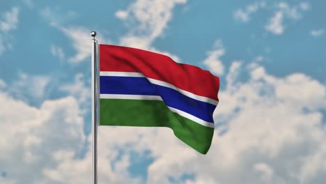 Gambia-flagge,-Die-Im-Realistischen-4k-video-Des-Blauen-Himmels-Weht