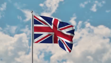 Bandera-Del-Reino-Unido-Ondeando-En-El-Cielo-Azul-Video-Realista-4k