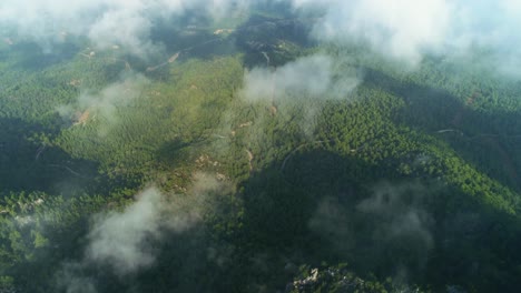 Drohne-Fliegt-über-Den-Wolken-Mit-Grünem-Wald-Darunter