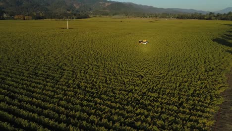 Pull-away-aerial-shot-of-vineyard-vine-trimmer-tractor-cruising-through-vines