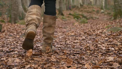 Woman-in-tall-brown-boots-walking-on-leaves-in-autumn-woods,-Slowmo-Closeup