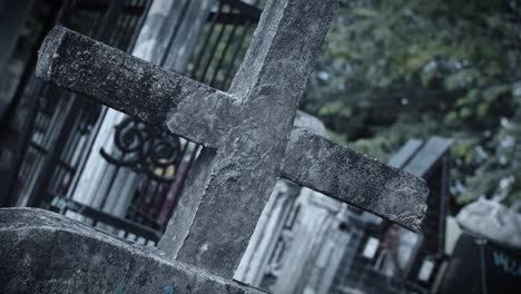 Christian-cemetery-with-horror-color-grading,-Dutch-angle