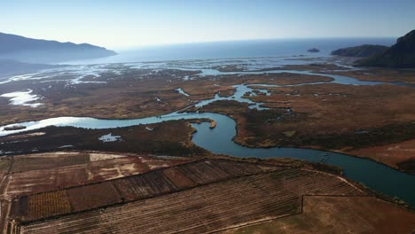 Aerial-shot-of-Dalyan-river-and-delta-in-autumn