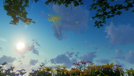 Bunte-Frühlingsblumen-Mit-Löwenzahn,-Die-Am-Blauen-Himmel-Herumfliegen,-Mit-Sonnenstrahlen-Und-Wolken,-Die-An-Der-Natürlichen-Umgebung-Vorbeiziehen-3D-Animation