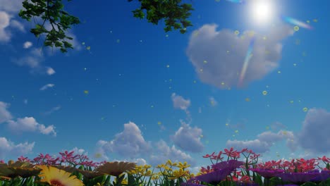 Springtime-colorful-flowers-with-dandelions-flying-around-on-blue-sky-with-sun-rays-and-clouds-passing-by-natural-environment-3D-animation