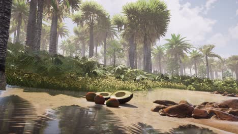 Exotic-island-sand-beach-with-palm-trees-and-fruits-on-wet-sand,-natural-environment,-photorealistic-3D-animation