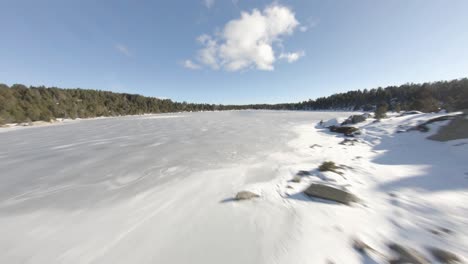 Exhilarating-low-level-fpv-drone-flight-across-a-frozen-lake,-snow-and-blue-sky