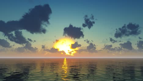 Cielo-Azul-Con-Rayos-De-Sol-Y-Nubes-Pasando-Y-Mar-Con-Reflejos-Entorno-Natural-Animación-3d