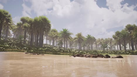 Exotischer-Inselsandstrand-Mit-Palmen-Und-Reflexionen-Auf-Nassem-Sand,-Natürliche-Umgebung,-Fotorealistische-3d-animation