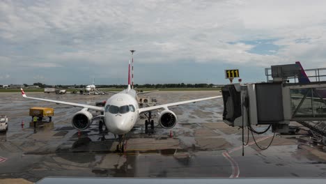 Gepäckabfertiger-Beim-Entladen-Von-Fracht-Aus-Einem-Passagierflugzeug-Am-Flughafenterminal-In-Bukarest,-Rumänien