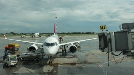 Tripulaciones-De-Tierra-Descargando-Carga-Y-Equipaje-De-Un-Airbus-A-Través-De-Un-Transportador-En-Una-Concurrida-Terminal-De-Aeropuerto-En-Bucarest,-Rumania