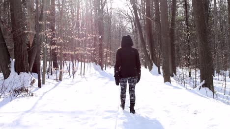 Mujer-Caminando-En-La-Nieve-Con-Ropa-De-Invierno-Durante-El-Frío-Día-Soleado---Tiro-Estático