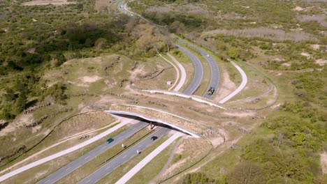 Aerial-view-of-wildlife-overpass-over-highway-in-the-Netherlands-on-a-sunny-day