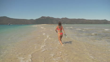 Woman-in-bikini-walking-through-the-beach-waves--Langford-Island,-Australia--Wide