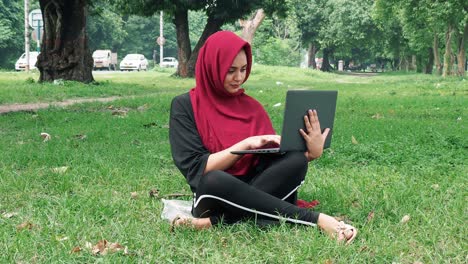 Happy-Afghan-woman-in-hijab-working-on-laptop-computer-and-smiling-on-green-lawn-near-busy-road