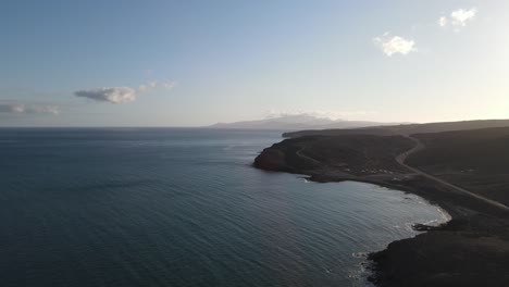 aerial-drone-shot-of-the-coast-side-of-Fuerteventura,-Canary-Islands