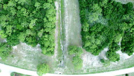 Aerial-view-of-cars-on-asphalt-road-passes-beside-the-green-forest-Aerial-view-car-truck-drive-going-through-forest