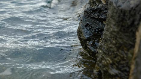 Slow-Motion-Of-Sea-Waves-On-Mossy-Rocks-In-Summertime
