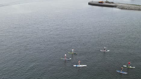 Ocean-With-Calm-Waves-And-Tourists-Paddle-Boarding-During-Summer-Vacation