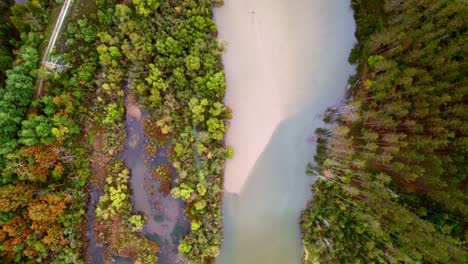Straight-down-drone-shot-over-river-in-Northern-Michigan-during-early-autumn-showcasing-changing-foliage-and-flowing-river