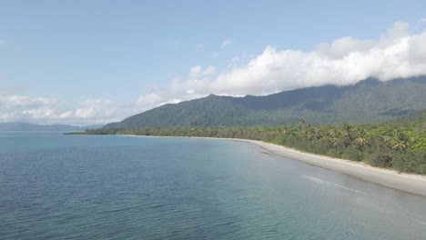 Aerial-View-Of-Myall-Beach-With-Scenic-Mountain-Views---Cape-Tribulation-Headland-With-Dense-Forest-In-Australia