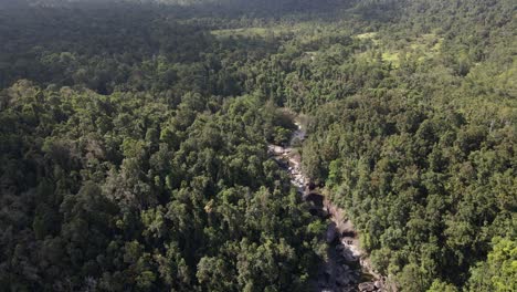Volando-Sobre-Un-Denso-Bosque-Tropical-En-Babinda-Boulders-Creek-En-El-Extremo-Norte-De-Queensland,-Australia