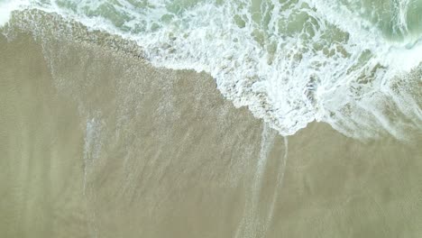 Close-up,-straight-down-drone-shot-of-waves-crashing-over-the-brown-sand-on-Hutchinson-Island-in-South-Florida