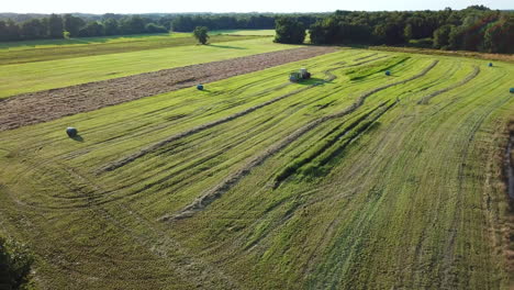Traktor,-Der-Grüne-Wiese-Oder-Feld-Mit-Wald-Im-Hintergrund-4k-Drohne-Fährt