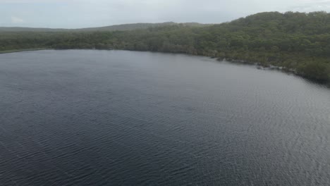 Lago-Marrón-Con-Aguas-Tranquilas-Y-Un-Bosque-Frondoso-En-La-Isla-De-North-Stradbroke,-Queensland,-Australia