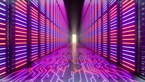 Datacenter-with-servers-network,-blockchain-network-database,-racks-and-stacks-with-neon-lights-creating-a-long-corridor,-3D-animation