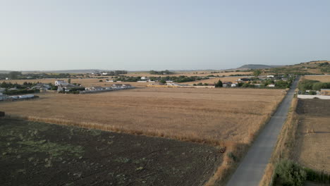 Drohnenschuss,-Der-Bei-Sonnenuntergang-über-Einer-Weizenfarm-In-Südspanien-Bei-Sonnenuntergang-Im-Sommer-Nach-Vorne-Fliegt
