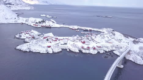 Aerial-of-Hamnoy-fishing-village-at-winter-time-in-Lofoten-Islands,-Norway