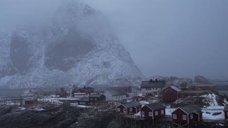 Pan-over-Hamnoy-village-during-winter-time,-Lofoten-Islands,-Norway