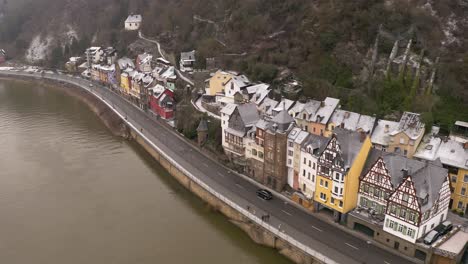 Aerial-drone-of-German-river-village---graded