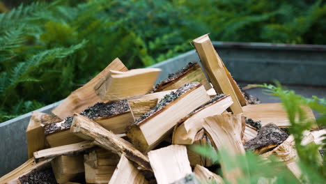 Newly-cut-pieces-of-firewood-being-thrown-onto-large-pile,-close-view
