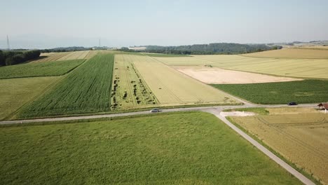 Push-in-drone:-aerial-view-of-wheat-fields-crossed-by-a-road-with-traffic-in-the-Swiss-countryside-Vaud
