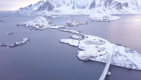 Aerial-shot-of-the-bridge-connecting-the-islands-around-Hamnoy,-Lofoten-Islands,-Noway