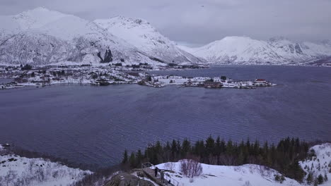 Aerial-shot-over-people-watching-the-landscape-in-Lofoten-Islands,-Norway