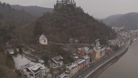 Aerial-drone-of-German-river-village-and-castle---ungraded