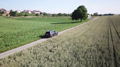 a-volvo-xc90-car-drives-alone-on-a-road-surrounded-by-agriculture-fields-in-the-Swiss-countryside,-in-the-background-some-trees-and-a-village,-Vaud,-aerial-drone-shot