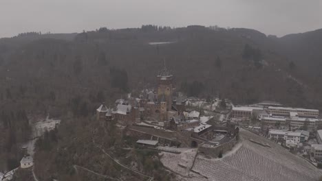 Aerial-drone-of-German-river-village-and-castle---ungraded
