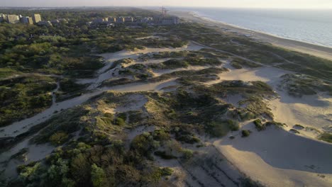 Aerial-view-over-grassy-sand-dunes-at-Kijkduin-beach