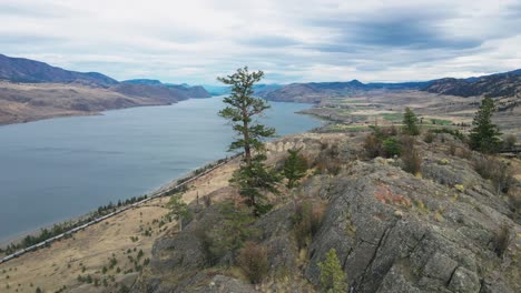 Rocky-cliffs-next-to-Kamloops-Lake-in-the-dry-desert-countryside-of-the-Okanagan-,-Nicola-Thompson-Region-with-single-pine-and-spruce-trees-on-a-overcast-day
