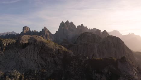 Incredible-Drone-View-of-Italian-Dolomites,-Cadini-Group-Formation-in-Background