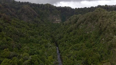Mountainous-regions-of-rural-New-Zealand-with-dense-rainforest,-rugged-cliffs-and-a-small-river-flowing-through-the-middle